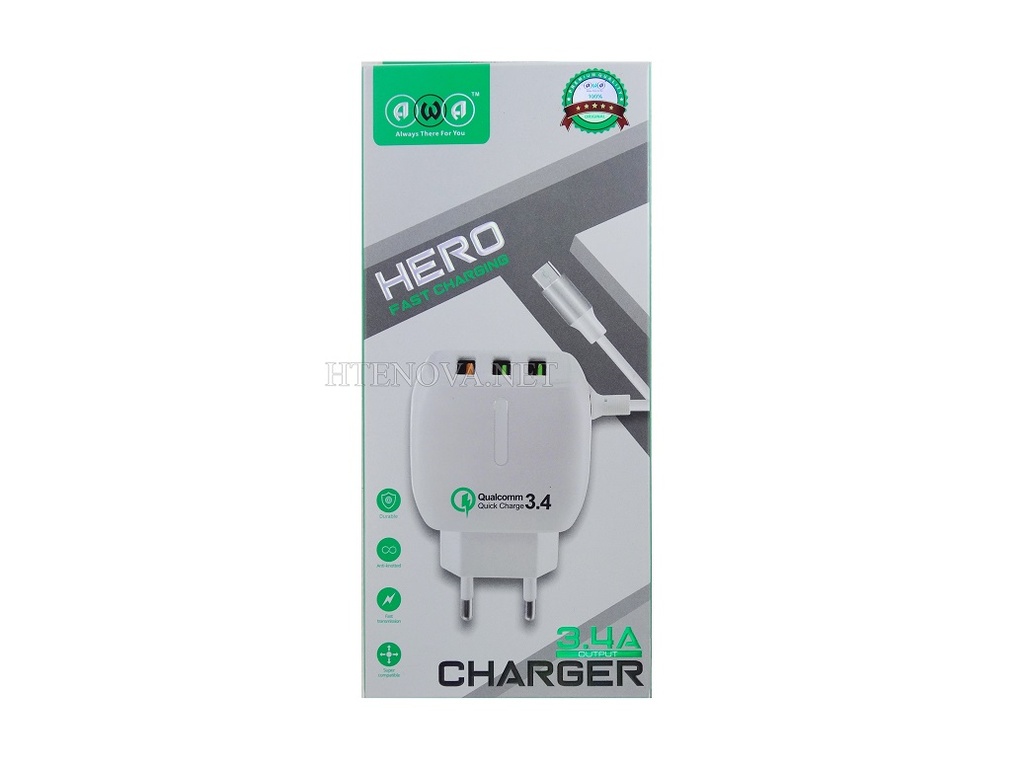 [C1C4M2AWA-1] Micro Qualcomm Charger with 3 Extra Usb Ports AWA Hero(3.4A)